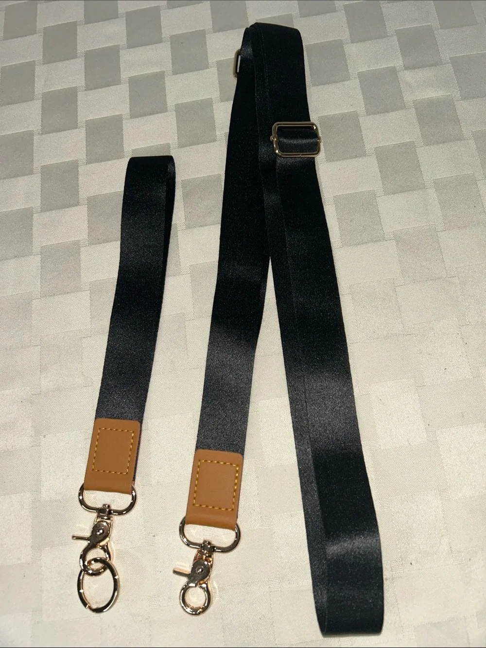 Black Satin Lanyard with Tan Leather Accents